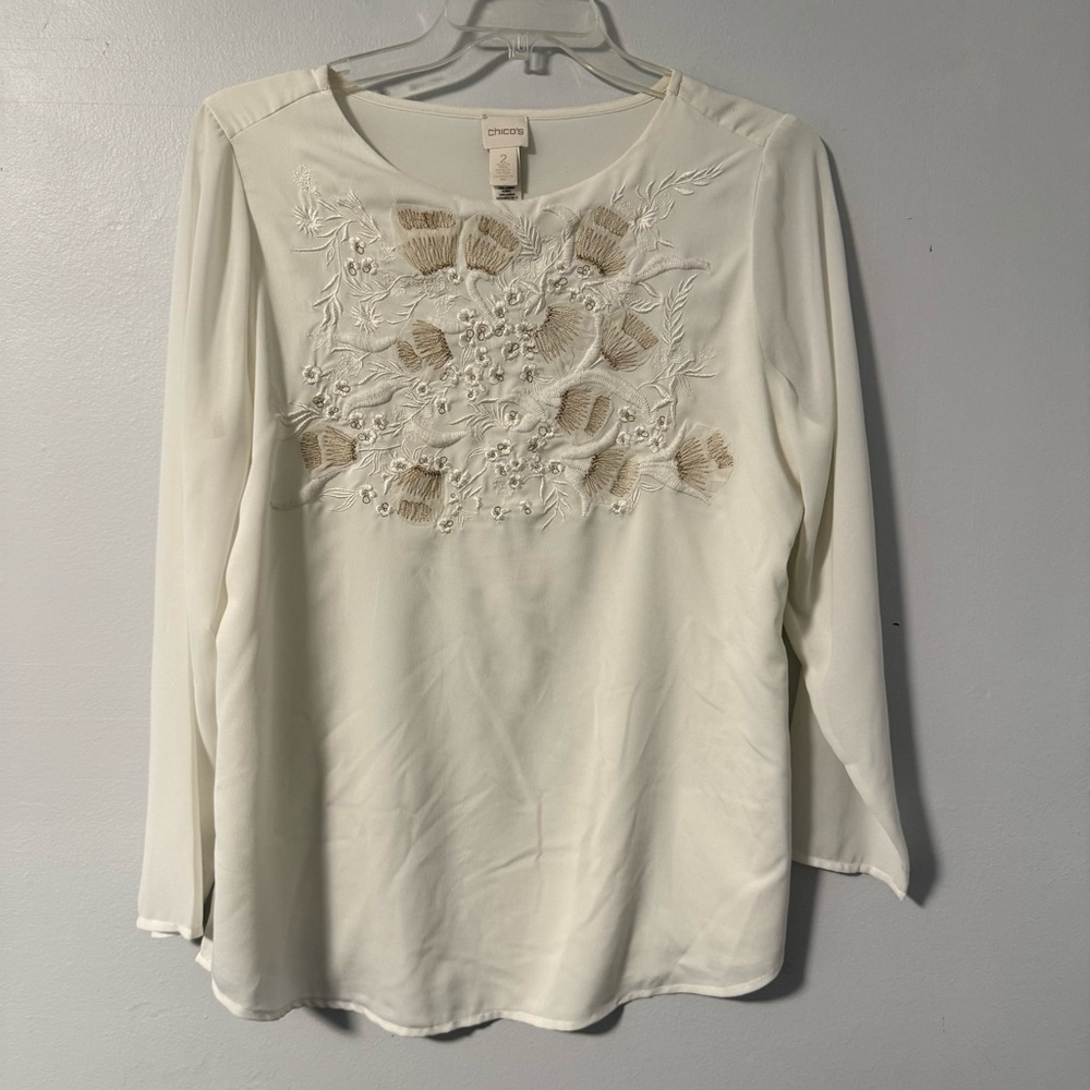 Chico’s Ivory Chiffon‎ Floral Embroidered Long Sleeved Round Neck Blouse 2/L